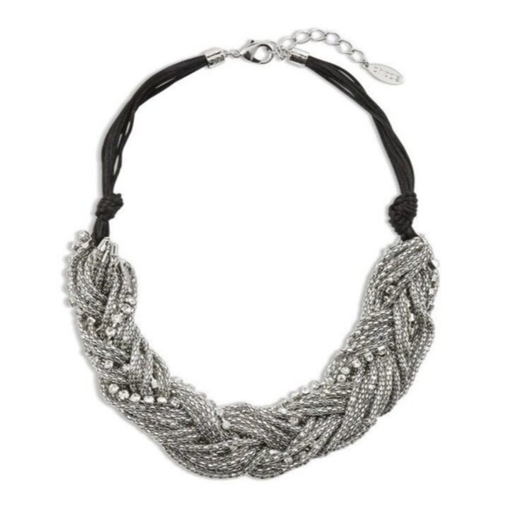 CHICO'S MESH BRAIDED‎ TWIST SHANNON STATEMENT SILVER TONE CRYSTALS Necklace